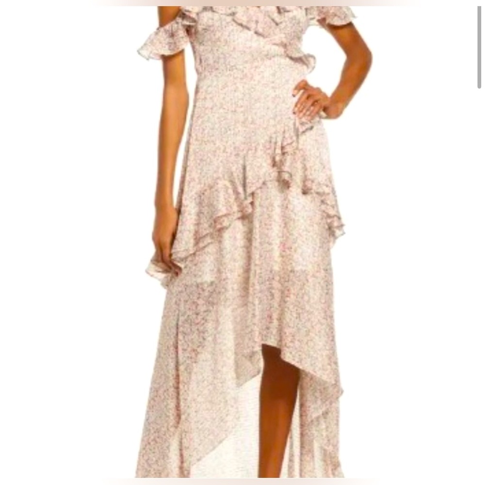 FLORET STUDIOS Cold Shoulder, Asymmetric Ruffle Dress